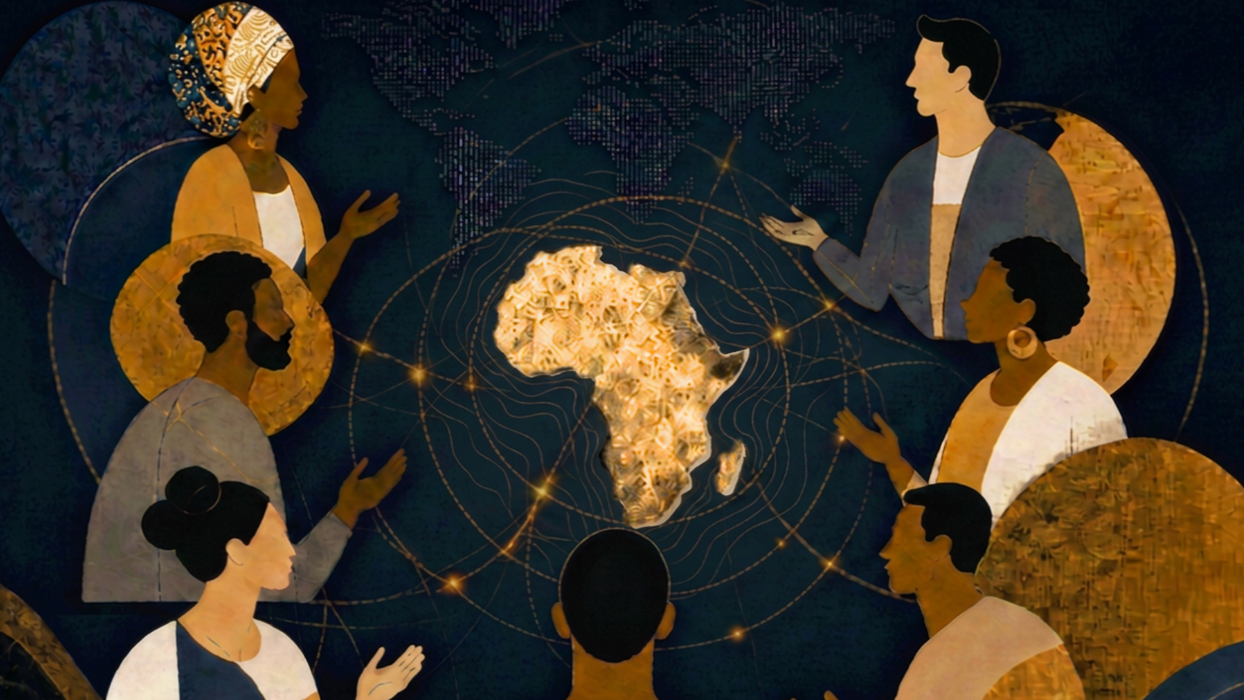 The image shows negotiating stakeholders who are grouped around the African continent